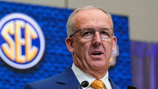 SEC commissioner Greg Sankey delivers comments to open the 2022 SEC Media Days at the College Football Hall of Fame.