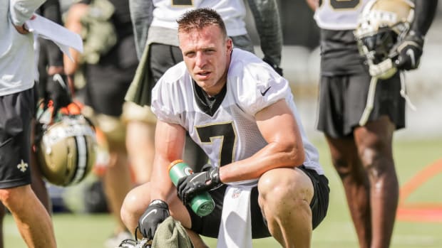 New Orleans Saints quarterback turned tight end Taysom Hill (7) during 2022 training camp.