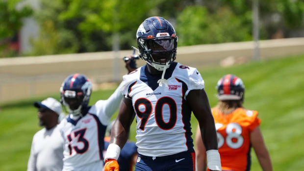 Denver Broncos defensive end Jonathan Kongbo (90) during OTA workouts at the UC Health Training Center.