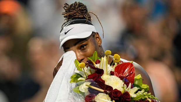 Serena Williams (USA) wipes away a tear after playing her final match in Toronto against Belinda Bencic.