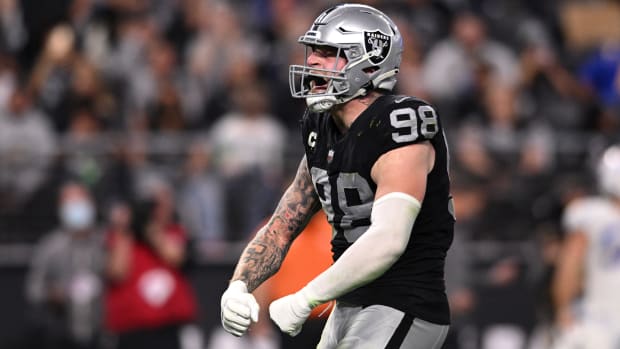 Raiders defensive end Maxx Crosby celebrates after a play against the Los Angeles Chargers.