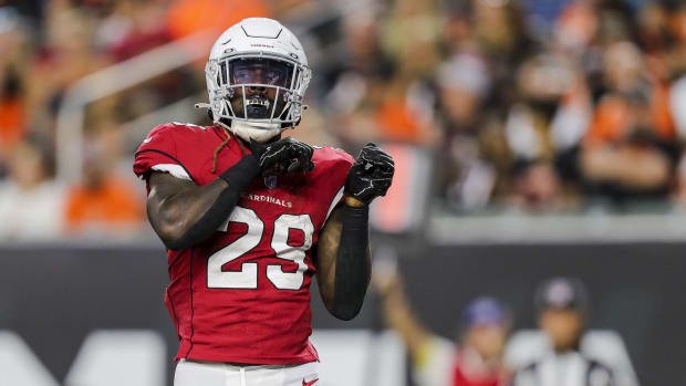 Arizona Cardinals running back Jonathan Ward (29) reacts after scoring a touchdown against the Cincinnati Bengals in the first half at Paycor Stadium. Mandatory Credit: Katie Stratman-USA TODAY Sports