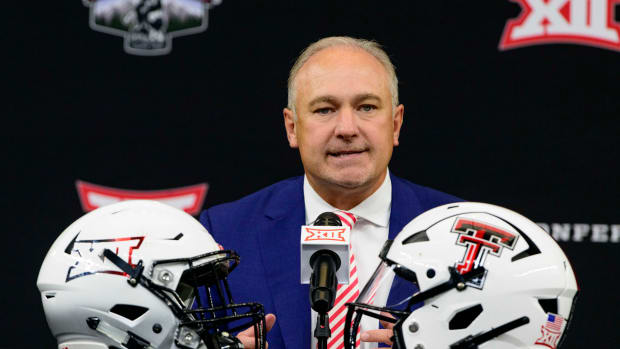 Jul 14, 2022; Arlington, TX, USA; Texas Tech Red Raiders head coach Joey McGuire is interviewed during the Big 12 Media Day at AT&T Stadium. Mandatory Credit: Jerome Miron-USA TODAY Sports