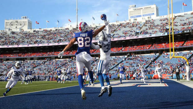 Colts Dallis Flowers (30), right, intercepts the two-point conversion pass to the Bills Neil Pau'u during the Bills 27-24 win in their first preseason game Saturday, Aug. 13, 2022 at Highmark Stadium in Orchard Park. Sd 081322 Bills 24 Spts