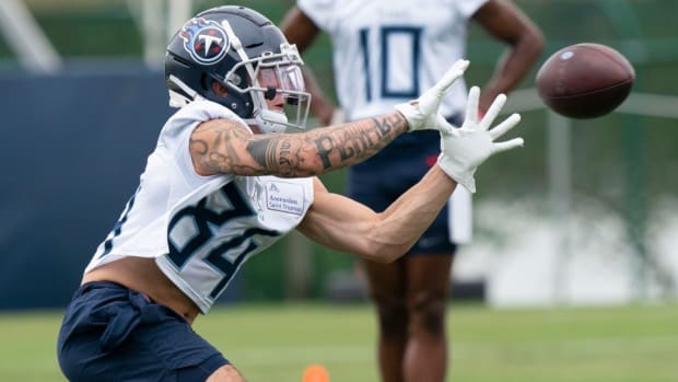 Tennessee Titans wide receiver Brandon Lewis (84) pulls in a catch during a training camp practice at Saint Thomas Sports Park Thursday, July 28, 2022, in Nashville, Tenn.