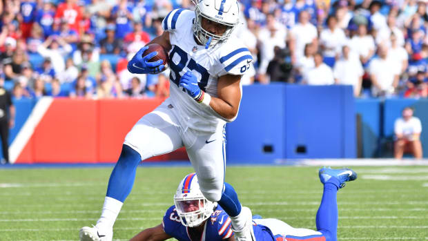 Aug 13, 2022; Orchard Park, New York, USA; Indianapolis Colts tight end Kylen Granson (83) breaks free from Buffalo Bills linebacker Terrel Bernard (43) after making a catch in the second quarter pre-season game at Highmark Stadium.
