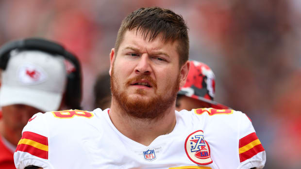 Aug 13, 2022; Chicago, Illinois, USA; Kansas City Chiefs offensive tackle Evin Ksiezarczyk (68) during the second half against the Chicago Bears at Soldier Field. Mandatory Credit: Mike Dinovo-USA TODAY Sports