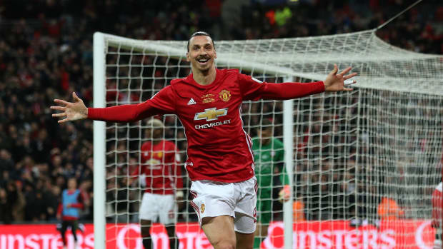 Zlatan Ibrahimovic pictured celebrating after scoring for Manchester United in the 2017 EFL Cup final