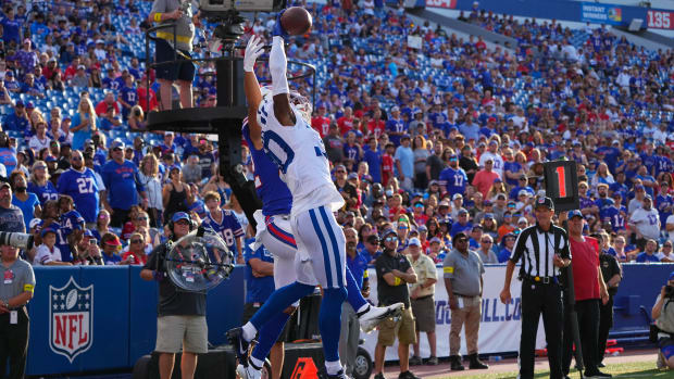 Aug 13, 2022; Orchard Park, New York, USA; Indianapolis Colts cornerback Dallis Flowers (30) intercepts a pass on a two point conversion in the end zone against the Buffalo Bills during the second half at Highmark Stadium. Mandatory Credit: Gregory Fisher-USA TODAY Sports