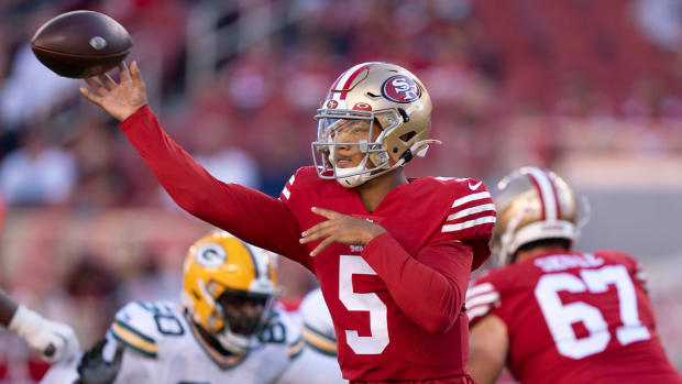 August 12, 2022; Santa Clara, California, USA; San Francisco 49ers quarterback Trey Lance (5) passes the football against the Green Bay Packers during the first quarter at Levi’s Stadium.