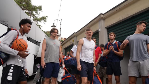 Virginia men's basketball team prepares to play against KK Mega Basket in Rapallo, Italy.