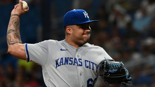 Aug 18, 2022; St. Petersburg, Florida, USA; Kansas City Royals pitcher Max Castillo (49) throws a pitch in the first inning against the Tampa Bay Ray at Tropicana Field. Mandatory Credit: Jonathan Dyer-USA TODAY Sports