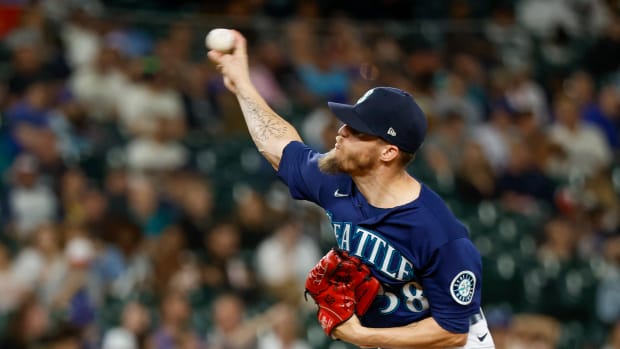 Jul 1, 2022; Seattle, Washington, USA; Seattle Mariners relief pitcher Ken Giles (58) throws against the Oakland Athletics during the ninth inning at T-Mobile Park.