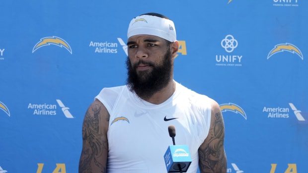 Aug 18, 2022; Costa Mesa, CA, USA; Los Angeles Chargers receiver Keenan Allen (13) at press conference during joint practice against the Dallas Cowboys at Jack Hammett Sports Complex. Mandatory Credit: Kirby Lee-USA TODAY Sports