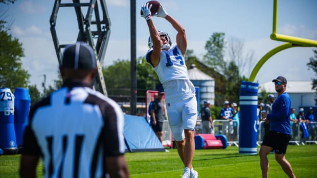 Indianapolis Colts wide receiver Alec Pierce (14) goes up high for the catch Thursday, Aug. 18, 2022, during a joint training camp with the Detroit Lions at the Grand Park Sports Campus in Westfield, Indiana. Colts Lions Training Camp Photos 2022