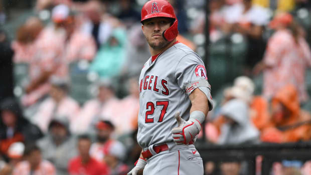 Jul 9, 2022; Baltimore, Maryland, USA; Los Angeles Angels center fielder Mike Trout (27) gives a thumbs up to the bench during the first inning of the game against the Baltimore Orioles at Oriole Park at Camden Yards.