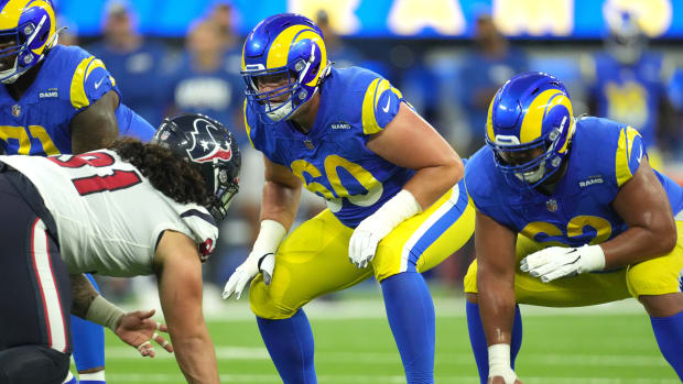 Aug 19, 2022; Inglewood, California, USA; Los Angeles Rams guard Logan Bruss (60) in the first half against the Houston Texans at SoFi Stadium.