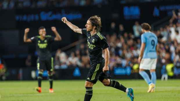 Luka Modric pictured celebrating after scoring from long range during Real Madrid's 4-1 win at Celta Vigo in August 2022