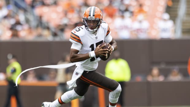Aug 21, 2022; Cleveland, Ohio, USA; Cleveland Browns quarterback Joshua Dobbs (15) runs the ball against the Philadelphia Eagles during the first quarter at FirstEnergy Stadium. Mandatory Credit: Scott Galvin-USA TODAY Sports