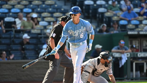 Aug 22, 2022; Kansas City, Missouri, USA; Kansas City Royals right fielder Drew Waters (6) walks with the bases loaded to drive in the go ahead run, during the eighth inning against the Chicago White Sox at Kauffman Stadium. Mandatory Credit: Peter Aiken-USA TODAY Sports