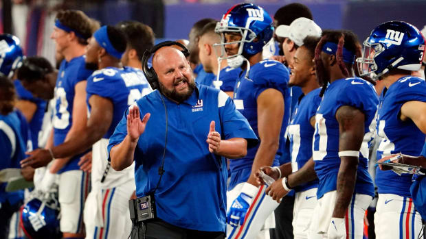 New York Giants head coach Brian Daboll on the sideline. The Giants defeat the Bengals, 25-22, in a preseason game at MetLife Stadium on August 21, 2022, in East Rutherford.