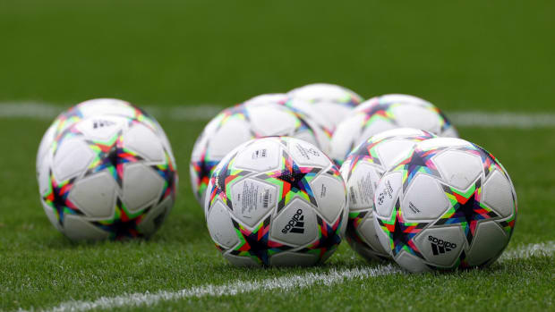 A close-up view of the Adidas match balls that will be used in the 2022/23 UEFA Champions League