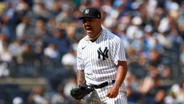 New York Yankees SP Nestor Cortes celebrates strikeout