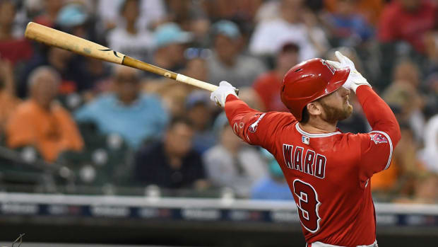 Los Angeles Angels outfielder Taylor Ward (3) hits the ball.