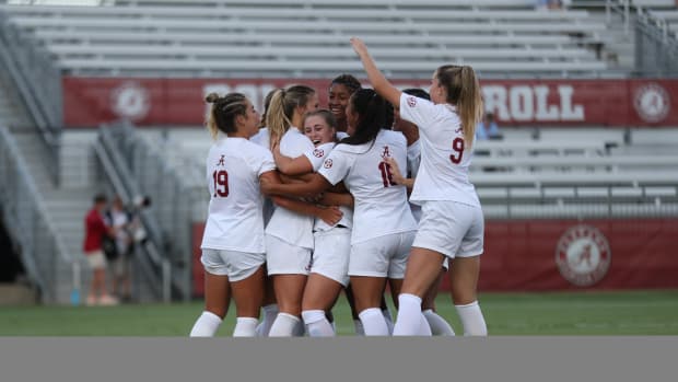 Alabama soccer celebrates goal against Southern Miss