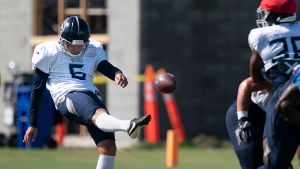 Tennessee Titans punter Brett Kern (6) punts during a training camp practice at Ascension Saint Thomas Sports Park Monday, Aug. 8, 2022, in Nashville, Tenn.