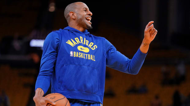 Jun 2, 2022; San Francisco, California, USA; Golden State Warriors forward Andre Iguodala (9) reacts during warm ups before game one of the 2022 NBA Finals against the Boston Celtics at Chase Center. Mandatory Credit: Cary Edmondson-USA TODAY Sports