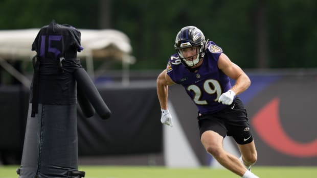 Jul 27, 2022; Owings Mills, MD, USA; Baltimore Ravens wide receiver Bailey Gaither (29) runs for a catch during day one of training camp at Under Armour Performance Center.