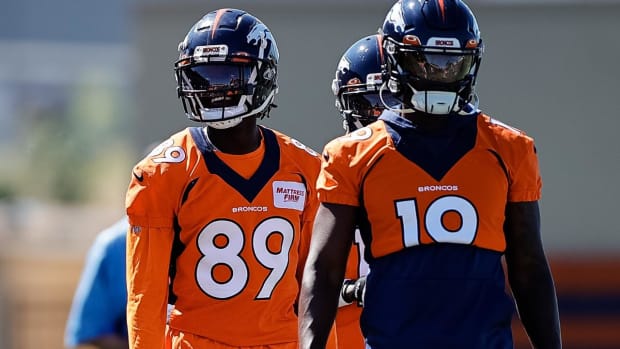 Denver Broncos wide receiver Brandon Johnson (89) and wide receiver Seth Williams (19) during training camp at the UCHealth Training Center.