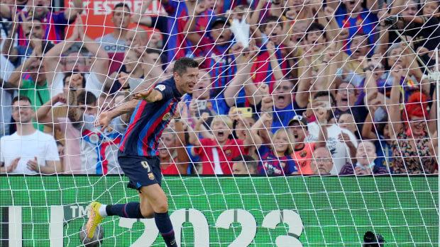 Robert Lewandowski pictured after scoring his first goal of two in Barcelona's 4-0 win over Real Valladolid in August 2022