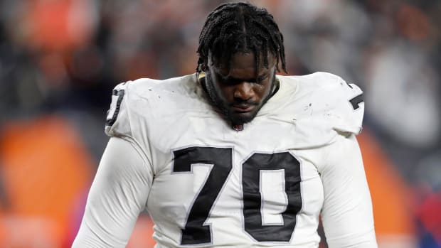 Raiders guard Alex Leatherwood (70) reacts after his team’s loss to the Cincinnati Bengals in the AFC Wild card game.