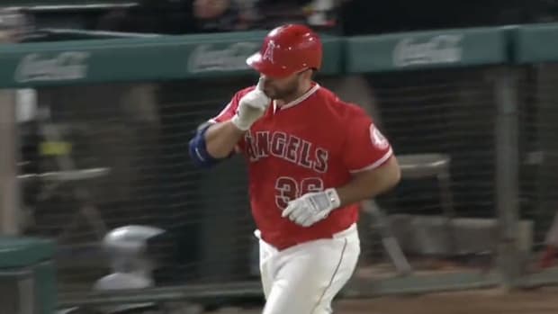 Los Angeles Angels 1B Mike Ford celebrating home run against New York Yankees
