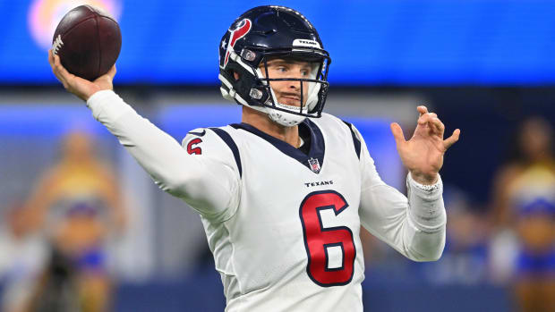 Texans quarterback Jeff Driskel (6) throws a pass in the second half of a preseason game against the Rams.