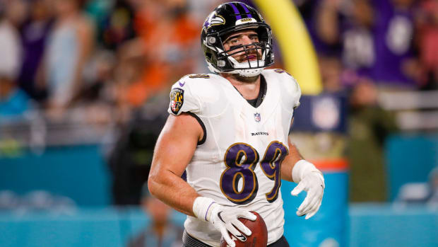Nov 11, 2021; Miami Gardens, Florida, USA; Baltimore Ravens tight end Mark Andrews (89) looks on from the end zone after scoring a touchdown against the Miami Dolphins during the fourth quarter at Hard Rock Stadium.