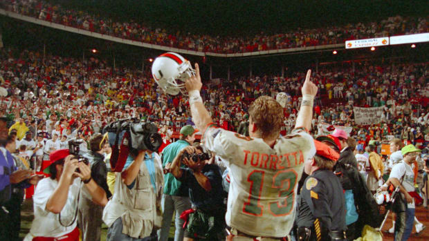 Jan. 1 1992, Miami defeats Nebraska 22-0 to earn a share of the National Championship. Gino Torretta, Quarterback