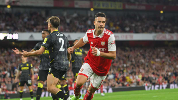 Gabriel Martinelli pictured after scoring Arsenal's winning goal in a 2-1 victory over Aston Villa in August 2022