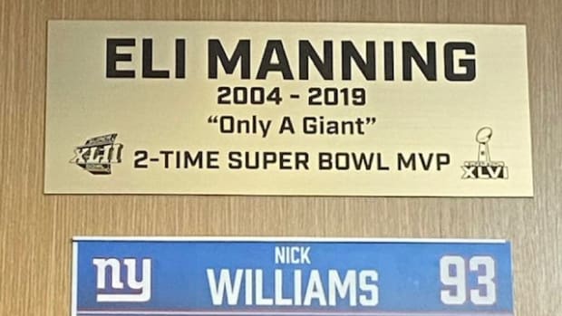 The special plaque marking the long-tie locker stall assignment held by retired Giants quarterback Eli Manning inside of the team's Quest Diagnostics Training Center.
