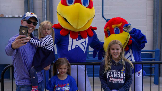 Oct 16, 2021; Lawrence, Kansas, USA; The Kansas Jayhawks mascots pose for photos against the Texas Tech Red Raiders during the game at David Booth Kansas Memorial Stadium. Mandatory Credit: Denny Medley-USA TODAY Sports