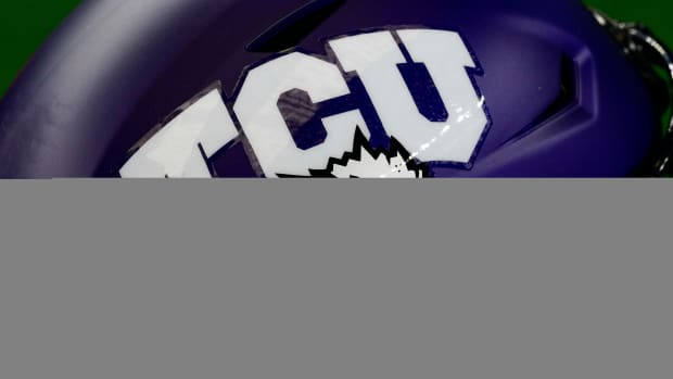 Jul 14, 2022; Arlington, TX, USA; A view of the TCU Horned Frogs helmet logo during the Big 12 Media Day at AT&T Stadium. Mandatory Credit: Jerome Miron-USA TODAY Sports