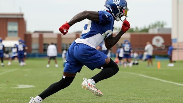 Jul 29, 2022; East Rutherford, NJ, USA; New York Giants wide receiver Kadarius Toney (89) runs a drill during training camp at Quest Diagnostics Training Facility.