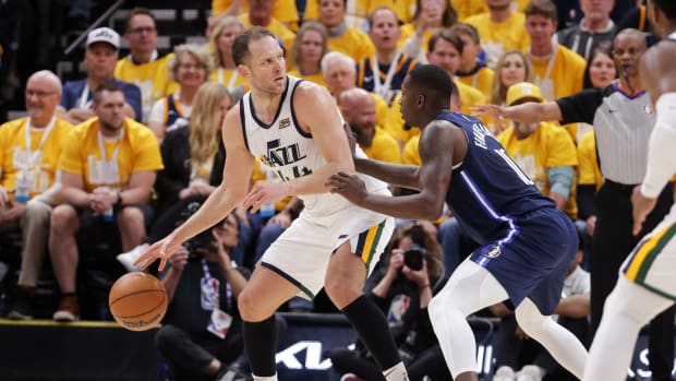 Utah Jazz forward Bojan Bogdanovic (44) dribbles the ball against Dallas Mavericks forward Dorian Finney-Smith (10) during the first quarter in game four of the first round for the 2022 NBA playoffs at Vivint Arena.