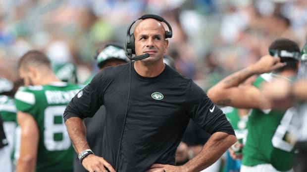 New York Jets head coach Robert Saleh looks on from sideline in preseason
