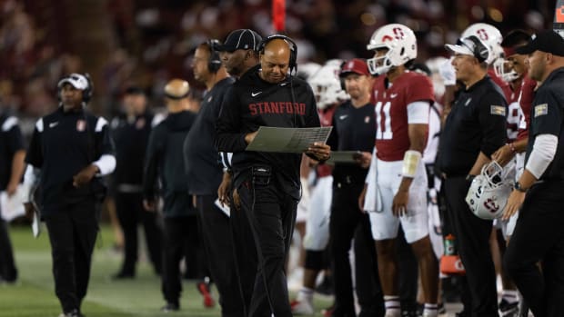 Stanford Cardinal head coach David Shaw during the fourth quarter against the Colgate Raiders at Stanford Stadium.