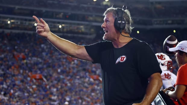 Utah Utes head coach Kyle Whittingham reacts during the second half against the Florida Gators at Steve Spurrier-Florida Field.