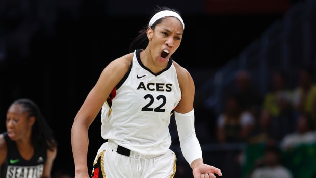 A'ja Wilson #22 of the Las Vegas Aces reacts after a basket against the Seattle Storm during the second quarter of Game Three of the 2022 WNBA Playoffs semifinals at Climate Pledge Arena on September 04, 2022 in Seattle, Washington.