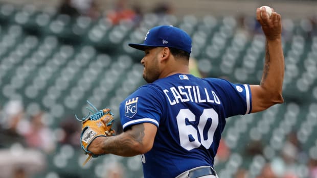 Sep 4, 2022; Detroit, Michigan, USA; Kansas City Royals pitcher Max Castillo (60) pitches in the second inning against the Detroit Tigers at Comerica Park. Mandatory Credit: Rick Osentoski-USA TODAY Sports